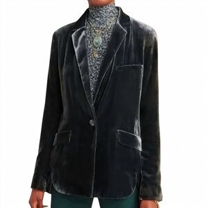 Anthropologie Alessia Velvet Blazer XS Charcoal Green One Button Tailored Jacket